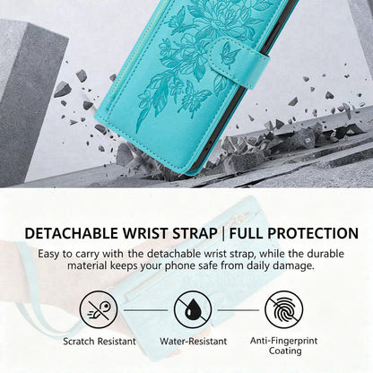For Redmi K90 Pro Max / Poco F8 Ultra Butterfly Flower Zipper Wallet Vegan Leather Phone Case with Strap(Lake Blue)