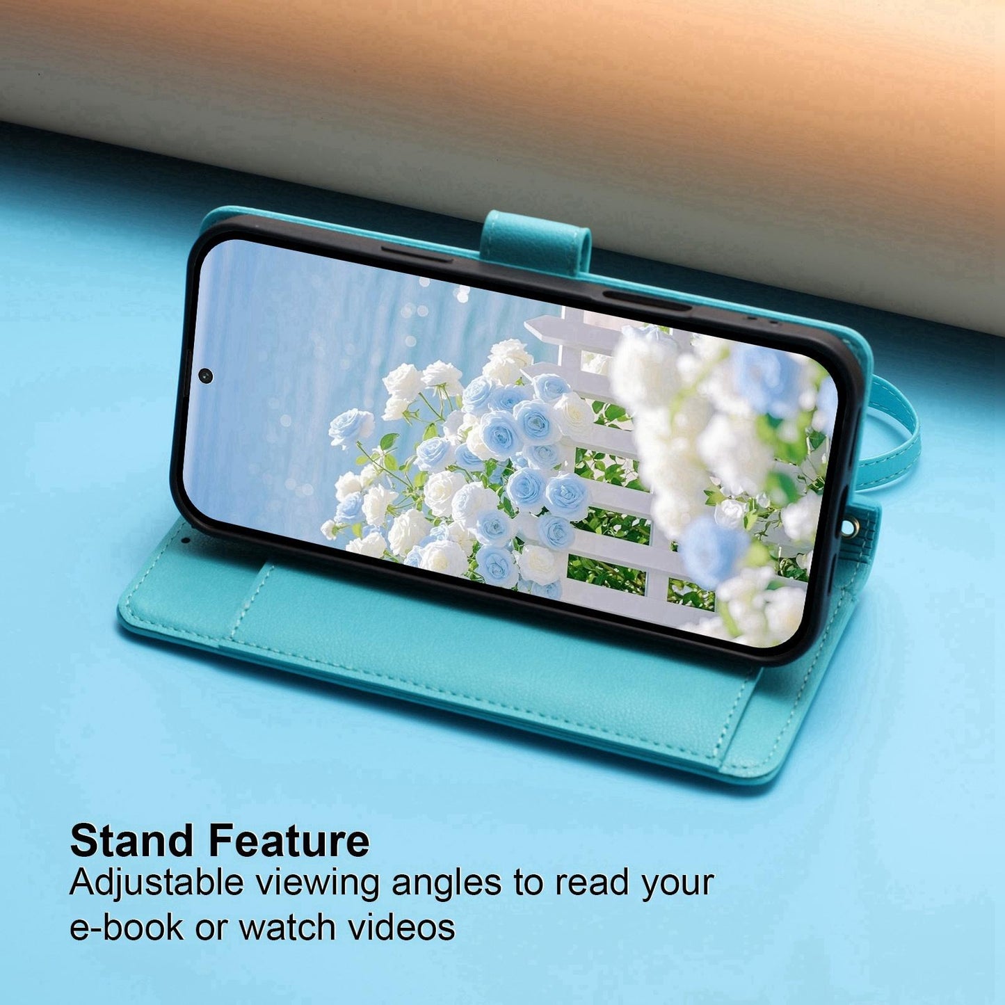 For Redmi K90 Pro Max / Poco F8 Ultra Butterfly Flower Zipper Wallet Vegan Leather Phone Case with Strap(Lake Blue)
