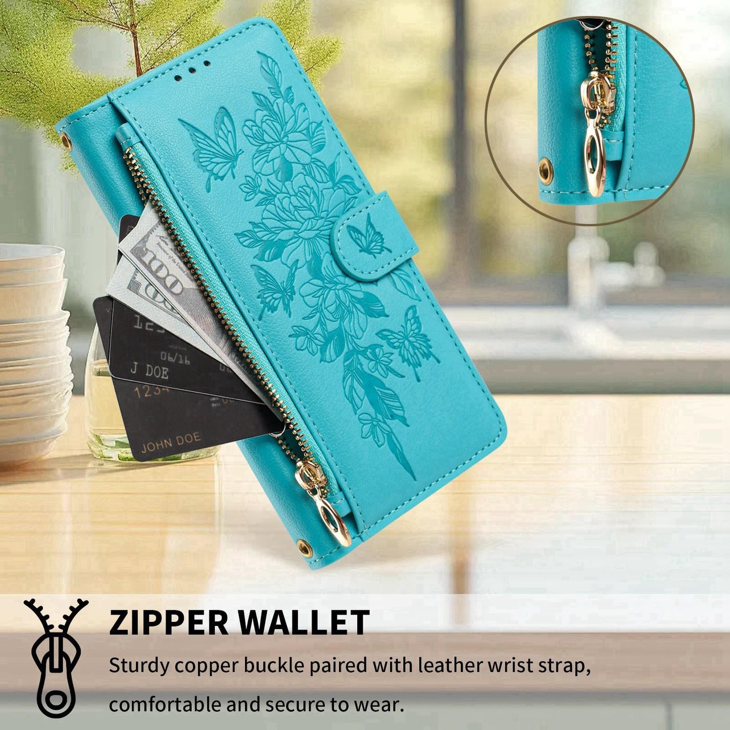 For Redmi K90 Pro Max / Poco F8 Ultra Butterfly Flower Zipper Wallet Vegan Leather Phone Case with Strap(Lake Blue)