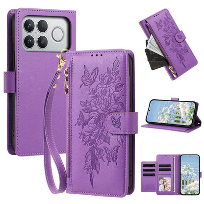 For Redmi K90 Pro Max / Poco F8 Ultra Butterfly Flower Zipper Wallet Vegan Leather Phone Case with Strap(Purple)