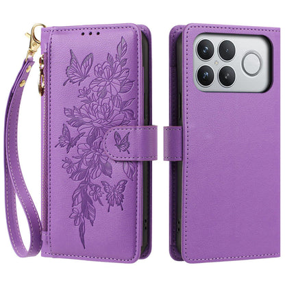 For Redmi K90 Pro Max / Poco F8 Ultra Butterfly Flower Zipper Wallet Vegan Leather Phone Case with Strap(Purple)