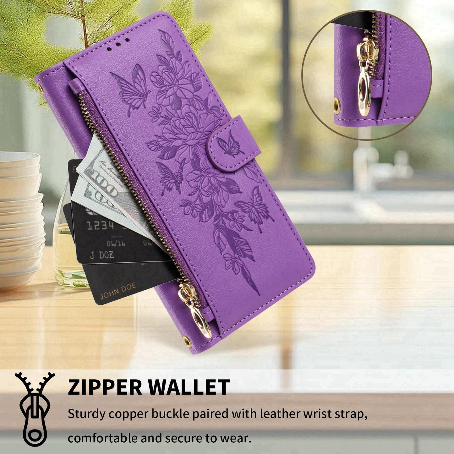 For Redmi K90 Pro Max / Poco F8 Ultra Butterfly Flower Zipper Wallet Vegan Leather Phone Case with Strap(Purple)