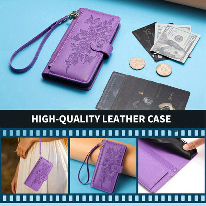 For Redmi K90 Pro Max / Poco F8 Ultra Butterfly Flower Zipper Wallet Vegan Leather Phone Case with Strap(Purple)