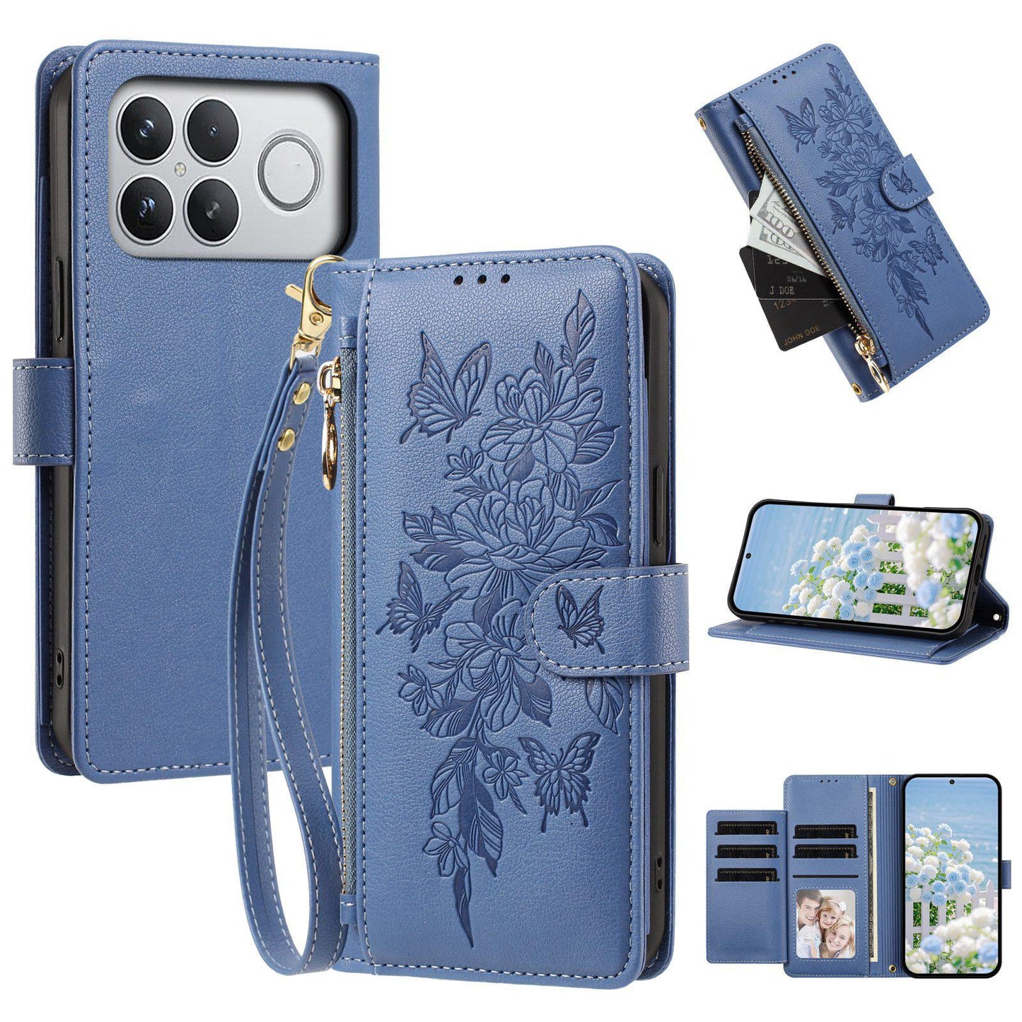 For Redmi K90 Pro Max / Poco F8 Ultra Butterfly Flower Zipper Wallet Vegan Leather Phone Case with Strap(Dark Blue)