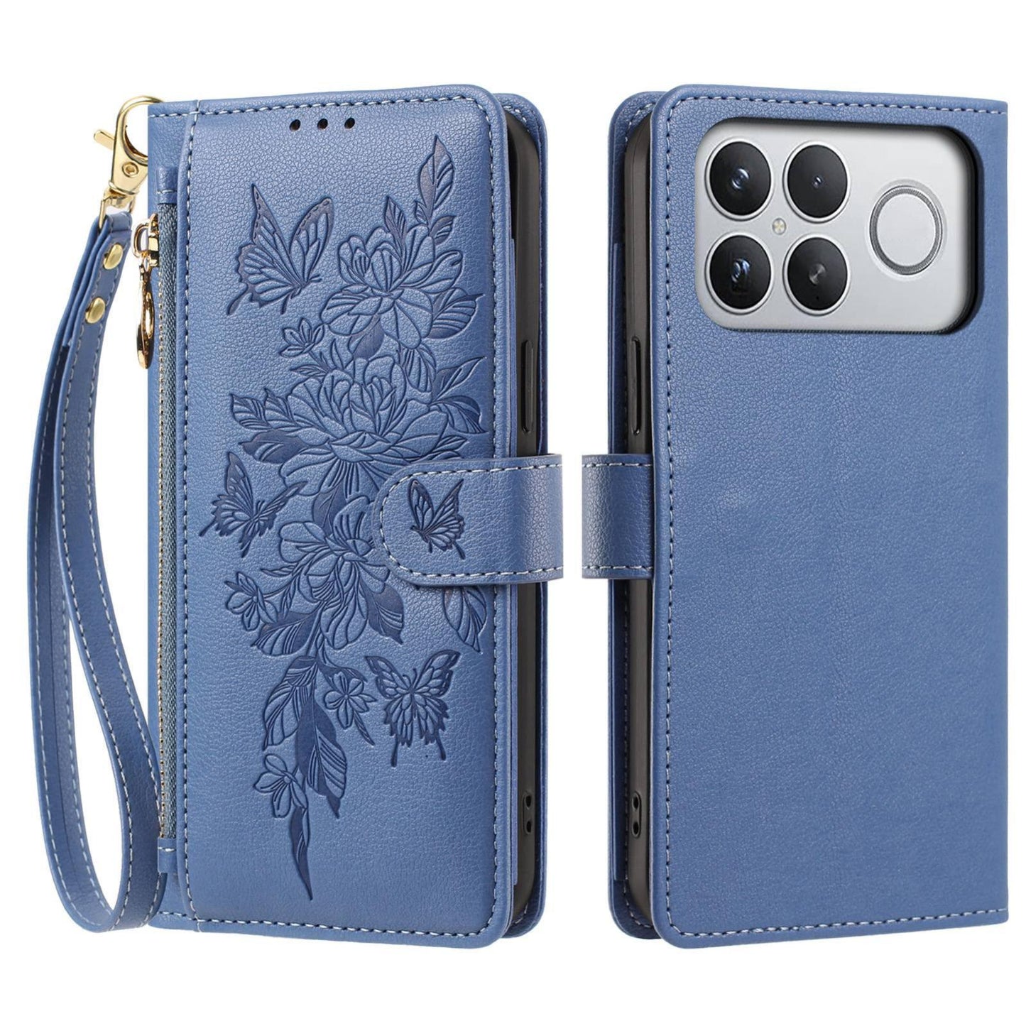 For Redmi K90 Pro Max / Poco F8 Ultra Butterfly Flower Zipper Wallet Vegan Leather Phone Case with Strap(Dark Blue)