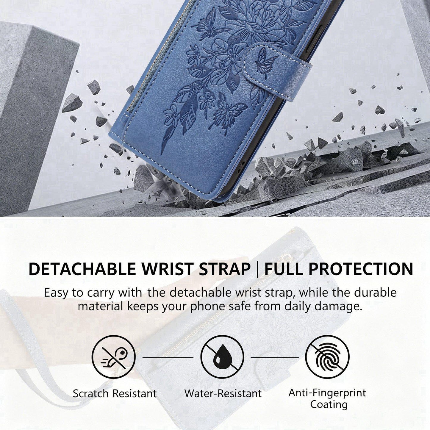 For Redmi K90 Pro Max / Poco F8 Ultra Butterfly Flower Zipper Wallet Vegan Leather Phone Case with Strap(Dark Blue)