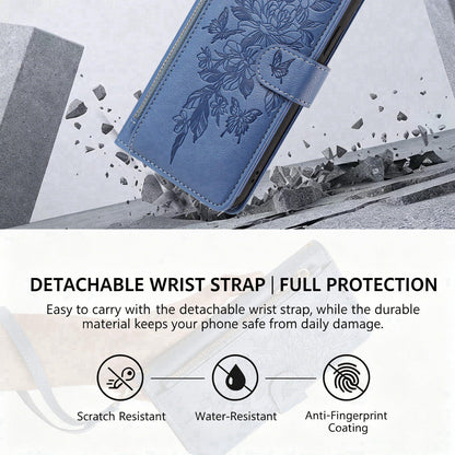 For Redmi K90 Pro Max / Poco F8 Ultra Butterfly Flower Zipper Wallet Vegan Leather Phone Case with Strap(Dark Blue)