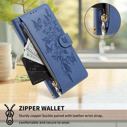 For Redmi K90 Pro Max / Poco F8 Ultra Butterfly Flower Zipper Wallet Vegan Leather Phone Case with Strap(Dark Blue)