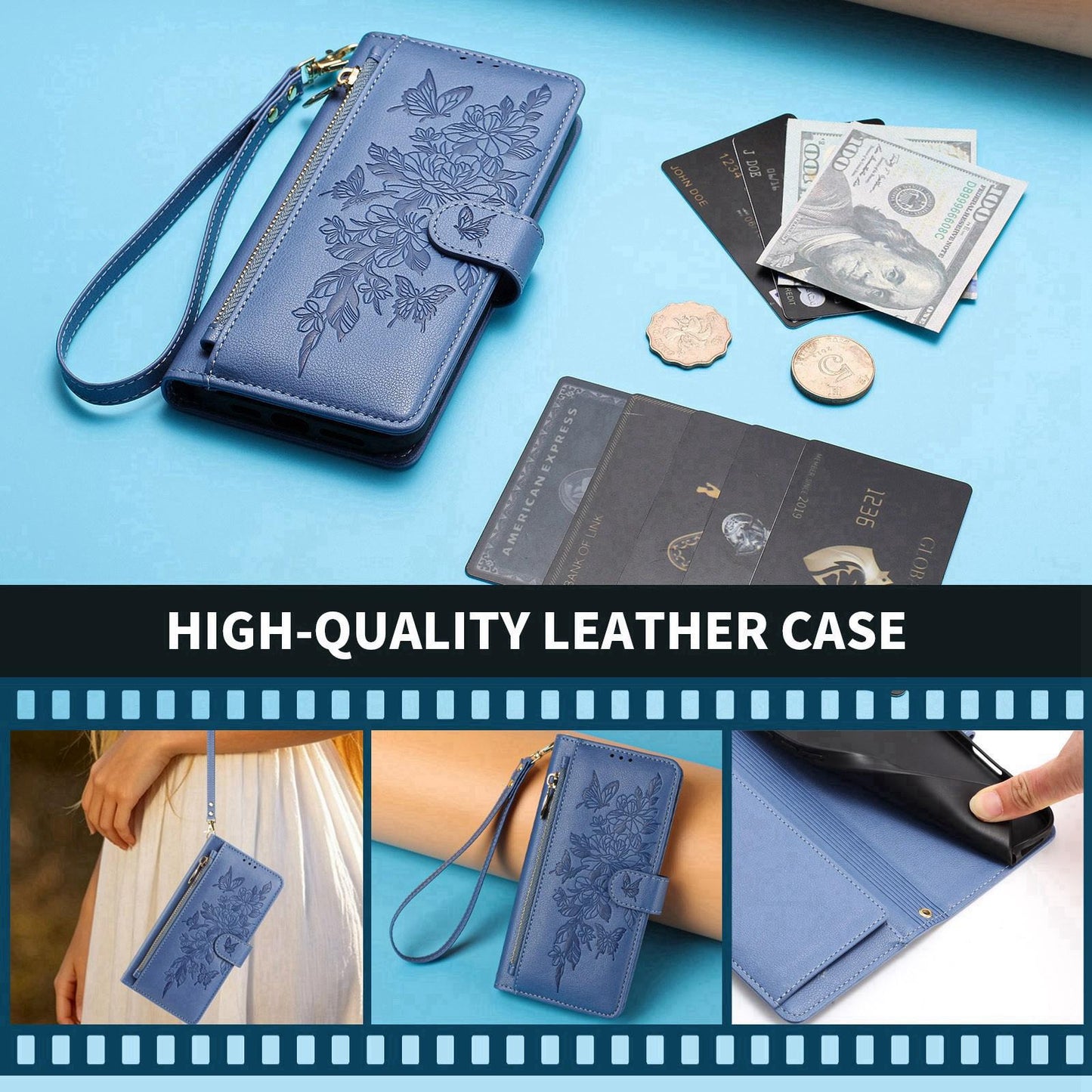 For Redmi K90 Pro Max / Poco F8 Ultra Butterfly Flower Zipper Wallet Vegan Leather Phone Case with Strap(Dark Blue)