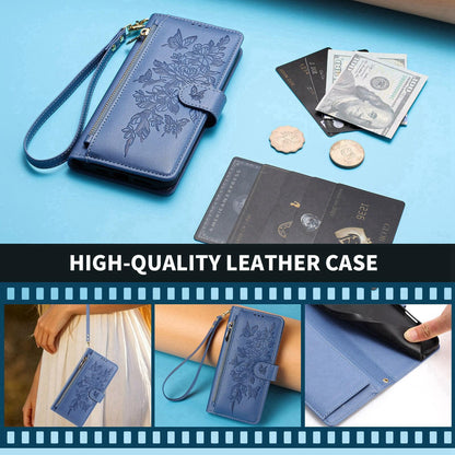 For Redmi K90 Pro Max / Poco F8 Ultra Butterfly Flower Zipper Wallet Vegan Leather Phone Case with Strap(Dark Blue)