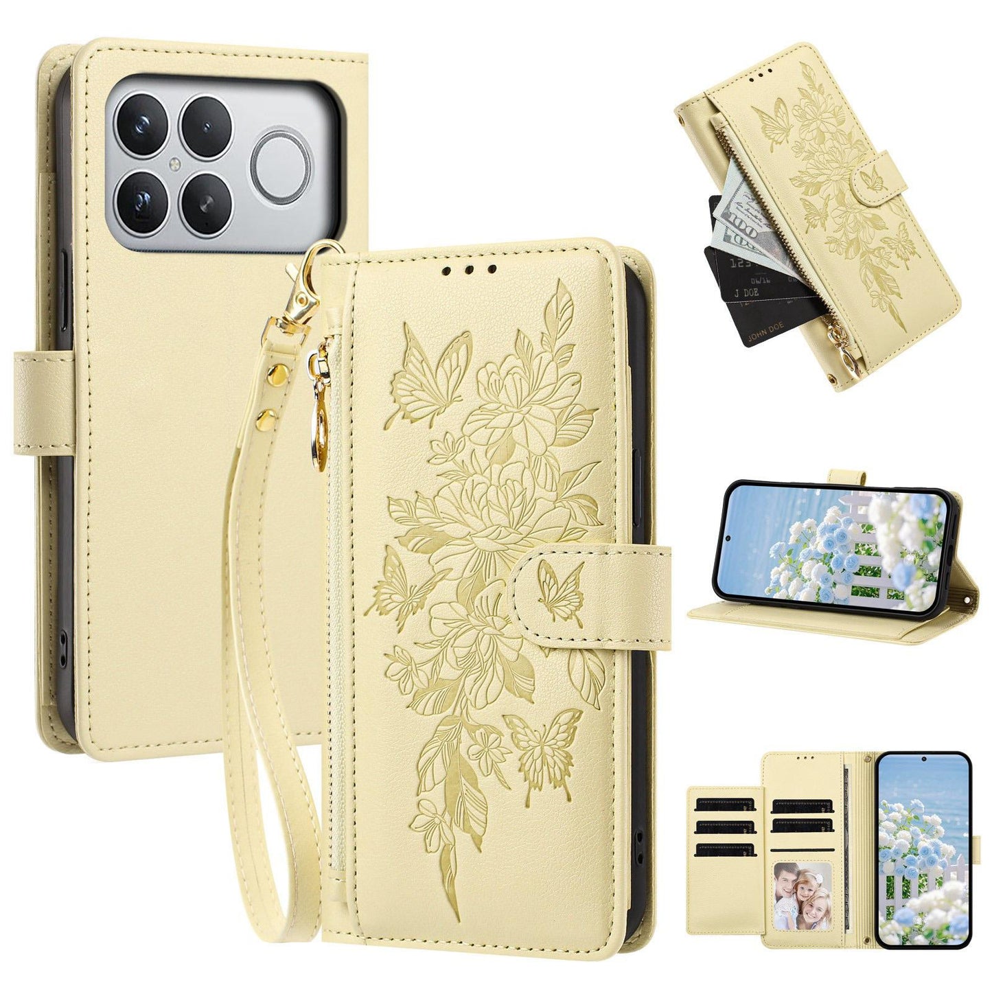 For Redmi K90 Pro Max / Poco F8 Ultra Butterfly Flower Zipper Wallet Vegan Leather Phone Case with Strap(Yellow)