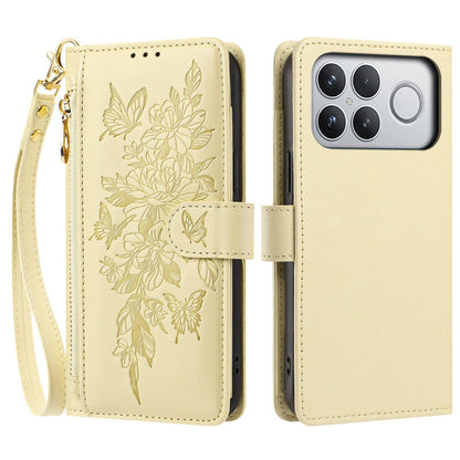 For Redmi K90 Pro Max / Poco F8 Ultra Butterfly Flower Zipper Wallet Vegan Leather Phone Case with Strap(Yellow)
