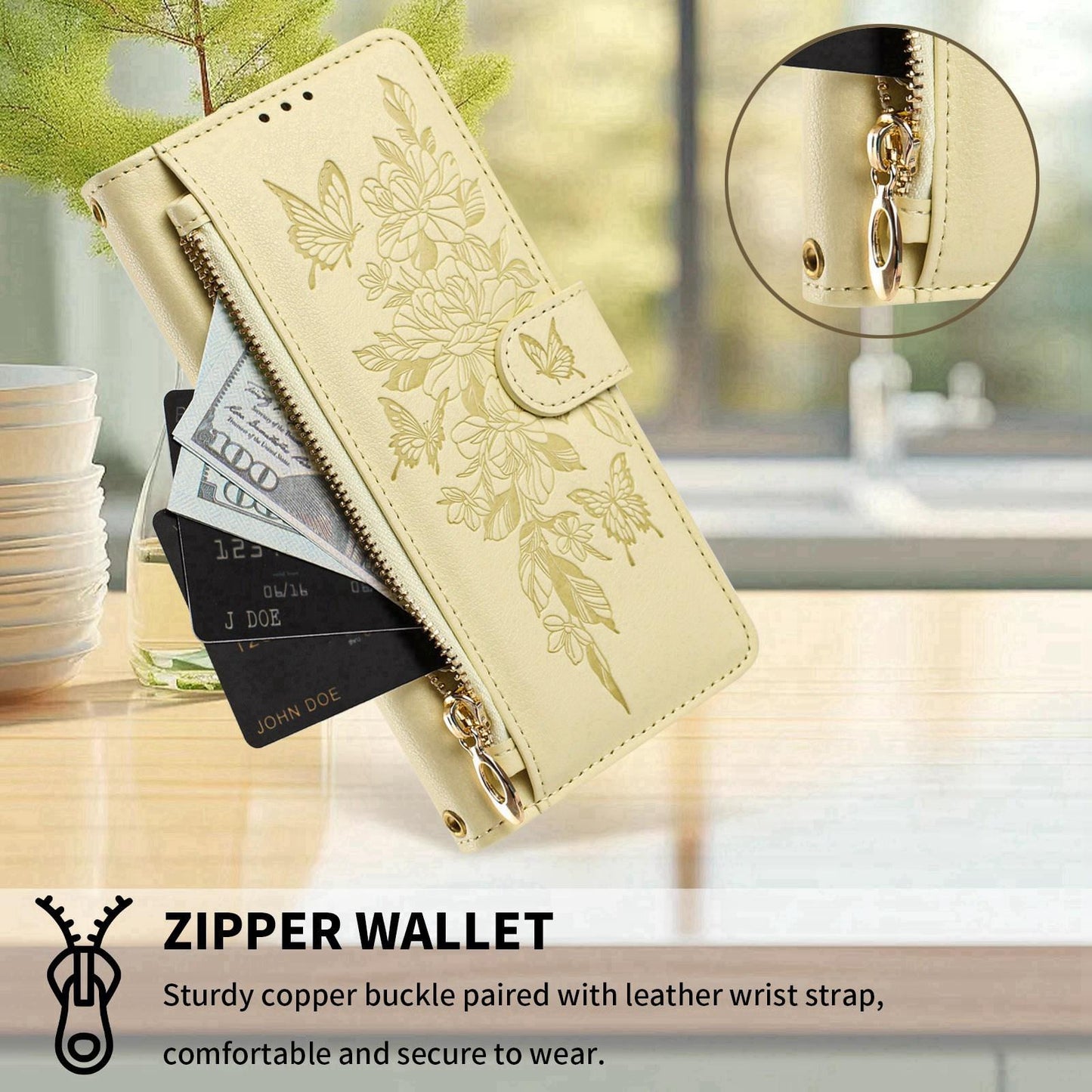 For Redmi K90 Pro Max / Poco F8 Ultra Butterfly Flower Zipper Wallet Vegan Leather Phone Case with Strap(Yellow)