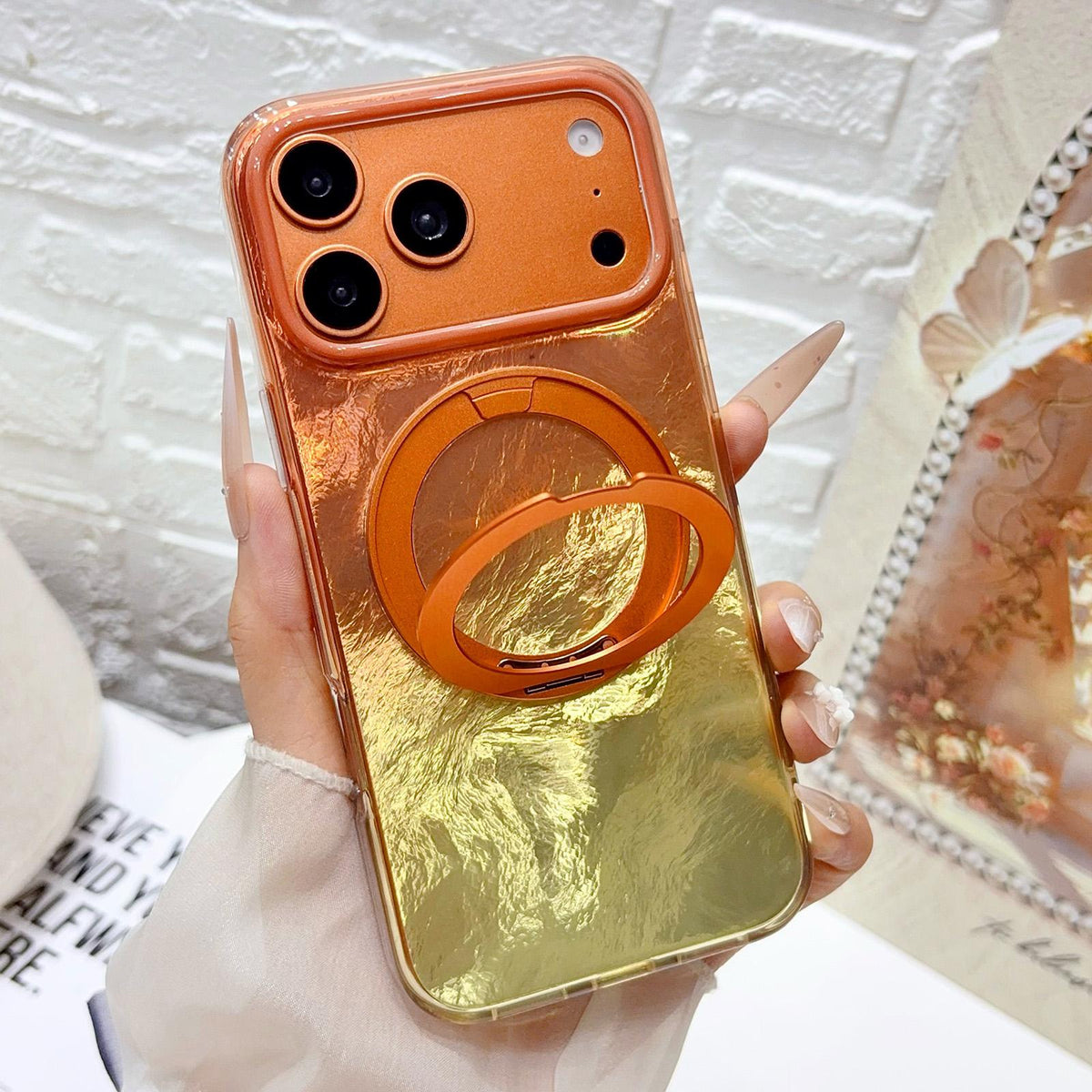 For iPhone 17 Pro Gradient Glacier 360 Magnetic Holder Phone Case - Orange - EDA009739602A