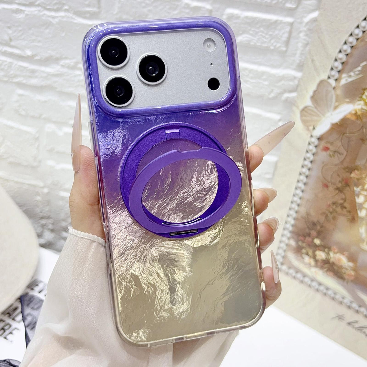 For iPhone 16 Pro Gradient Glacier 360 Magnetic Holder Phone Case - Purple - EDA009739605C
