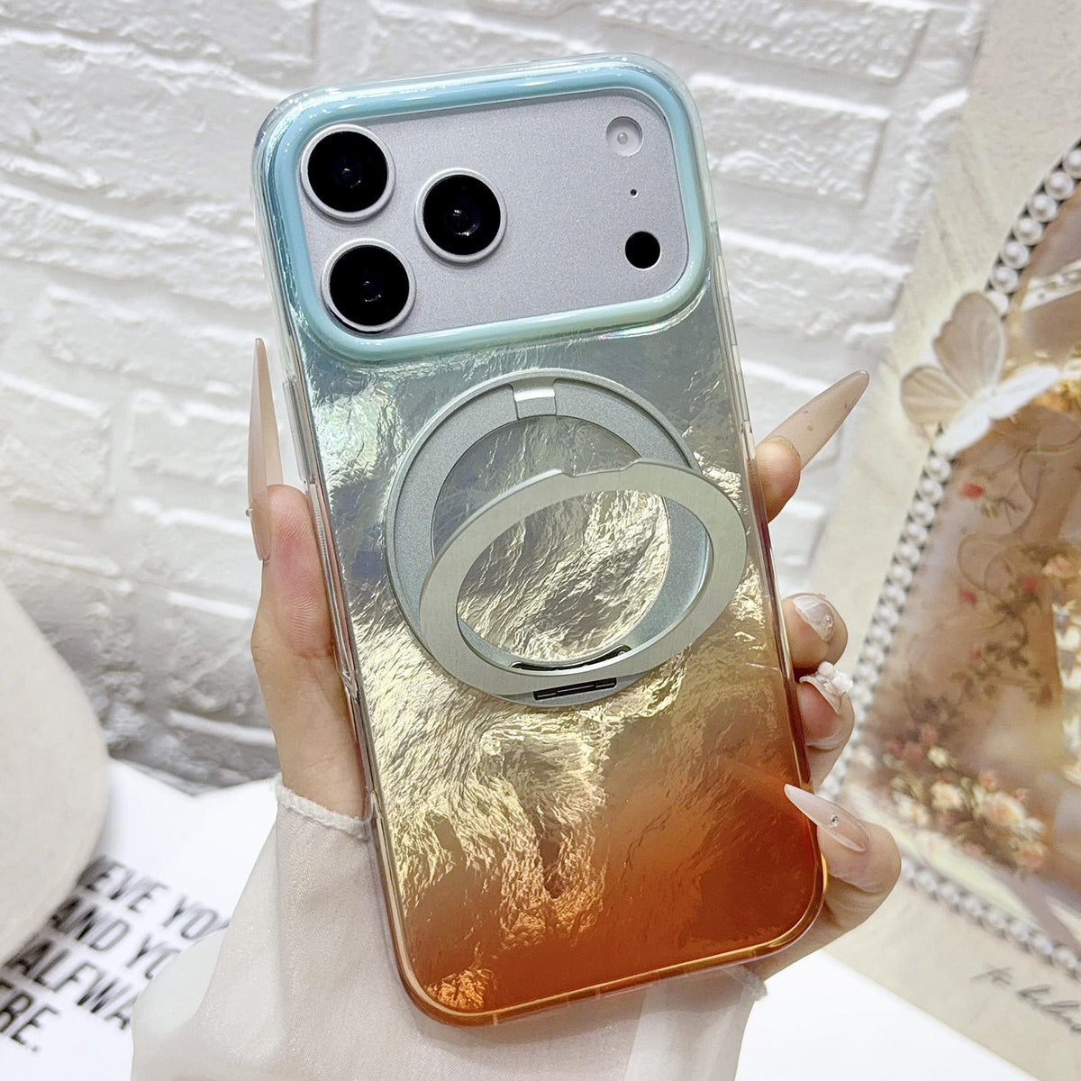 For iPhone 15 Gradient Glacier 360 Magnetic Holder Phone Case - Light Blue - EDA009739609B