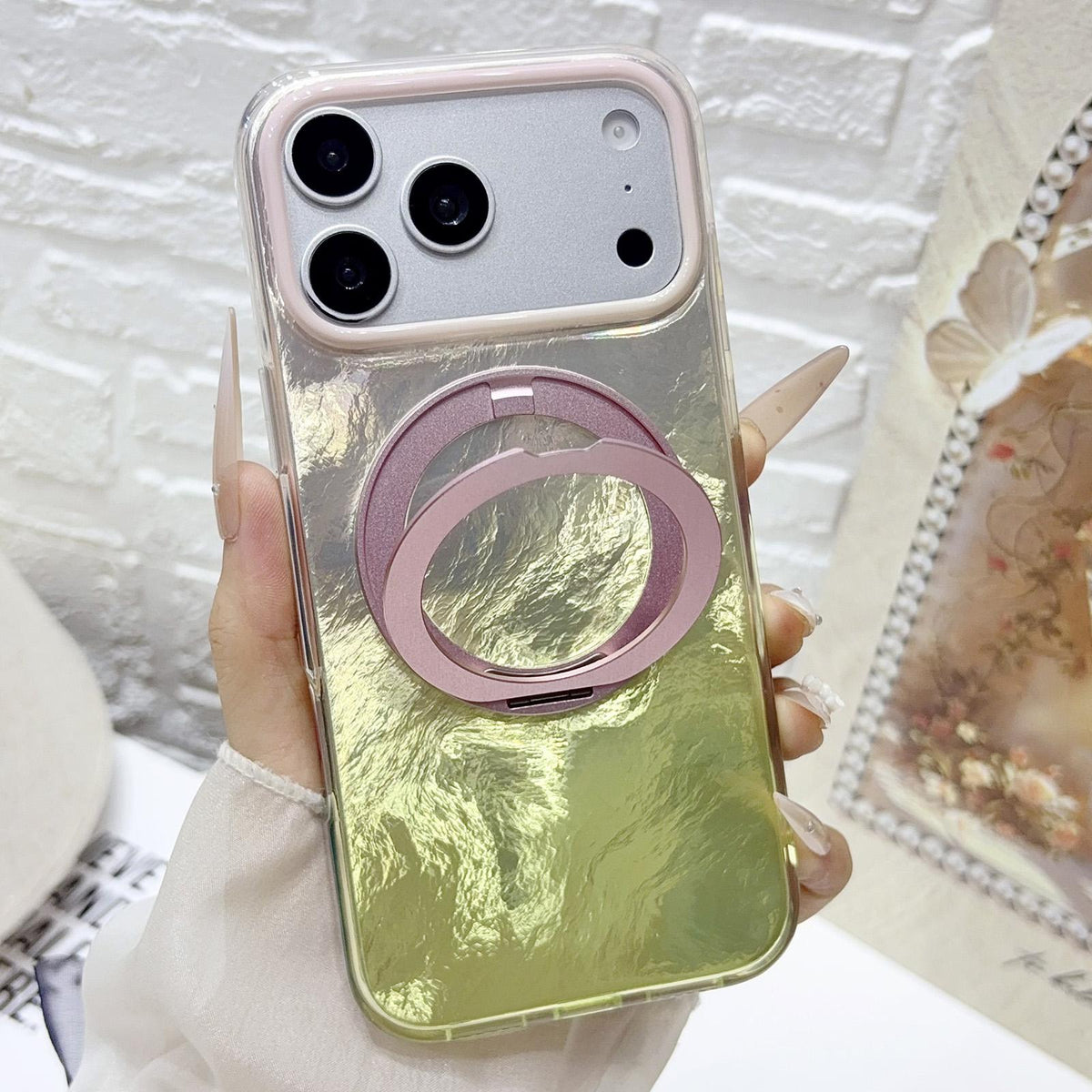 For iPhone 15 Gradient Glacier 360 Magnetic Holder Phone Case - Pink - EDA009739609D