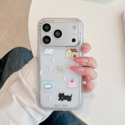 For iPhone 17 Pro Skin Feel Frosted Cartoon Sticker Acrylic Phone Case - Black White Cat and Dog Desserts - EDA009740402A