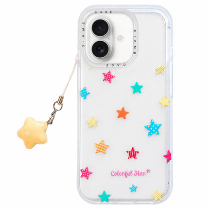 For iPhone 17 Skin Feel Frosted Cartoon Sticker Acrylic Phone Case with Pendant - Colorful Stars - EDA009740503A
