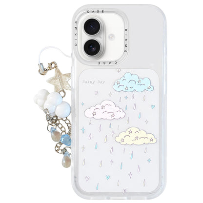 For iPhone 17 Skin Feel Frosted Cartoon Sticker Acrylic Phone Case with Pendant - Rainy Clouds - EDA009740503B