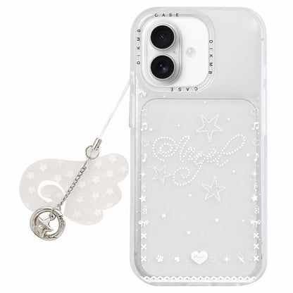 For iPhone 17 Skin Feel Frosted Cartoon Sticker Acrylic Phone Case with Pendant - Angel Diamond - EDA009740503C