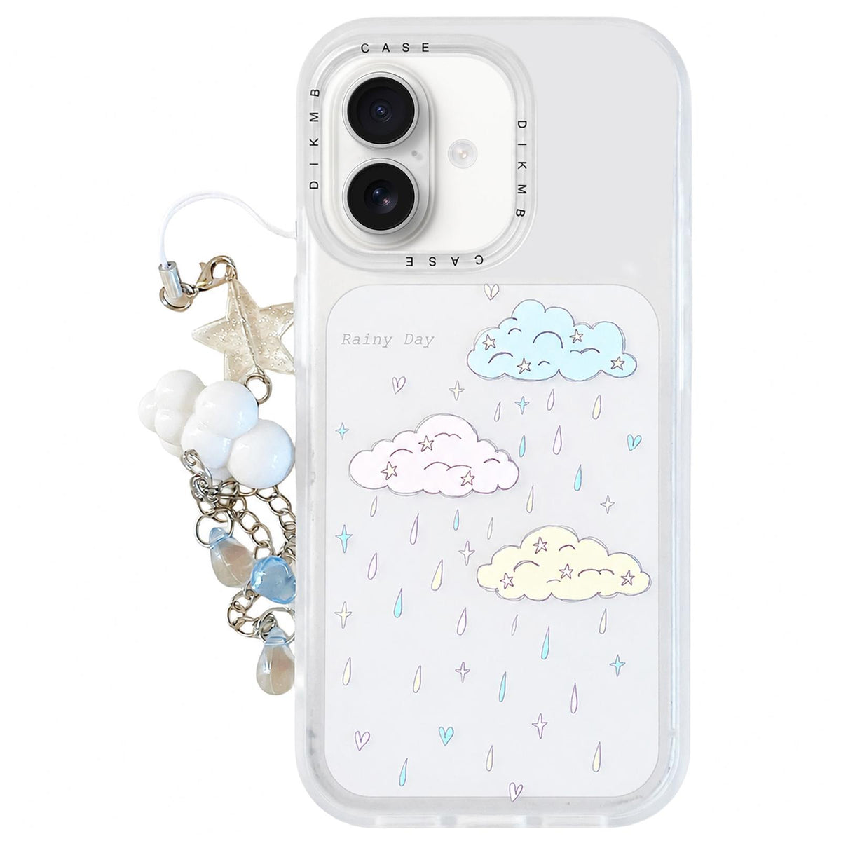 For iPhone 16 Skin Feel Frosted Cartoon Sticker Acrylic Phone Case with Pendant - Rainy Clouds - EDA009740506B