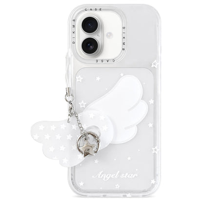 For iPhone 16 Skin Feel Frosted Cartoon Sticker Acrylic Phone Case with Pendant - Star Wings - EDA009740506D