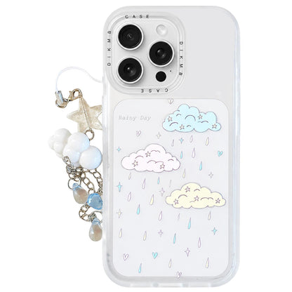 For iPhone 15 Pro Max Skin Feel Frosted Cartoon Sticker Acrylic Phone Case with Pendant - Rainy Clouds - EDA009740507B