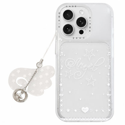 For iPhone 15 Pro Max Skin Feel Frosted Cartoon Sticker Acrylic Phone Case with Pendant - Angel Diamond - EDA009740507C