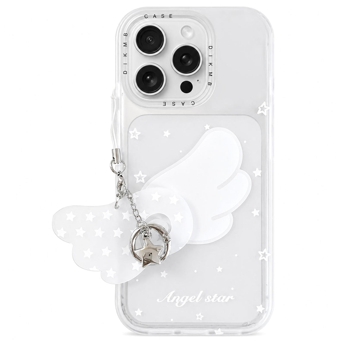 For iPhone 15 Pro Max Skin Feel Frosted Cartoon Sticker Acrylic Phone Case with Pendant - Star Wings - EDA009740507D