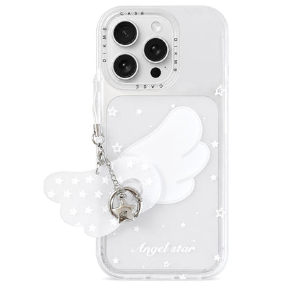 For iPhone 15 Pro Max Skin Feel Frosted Cartoon Sticker Acrylic Phone Case with Pendant - Star Wings - EDA009740507D