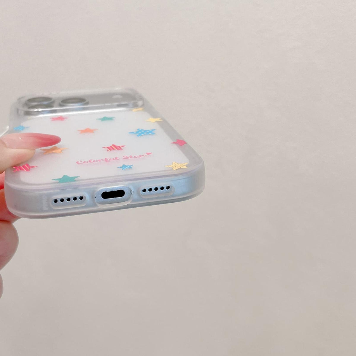 For iPhone 16 Skin Feel Frosted Cartoon Sticker Acrylic Phone Case with Pendant - Colorful Stars - EDA009740506A