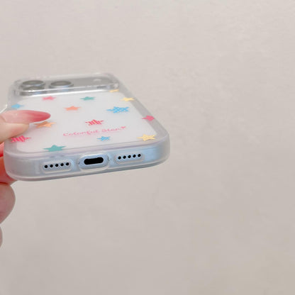 For iPhone 16 Skin Feel Frosted Cartoon Sticker Acrylic Phone Case with Pendant - Colorful Stars - EDA009740506A