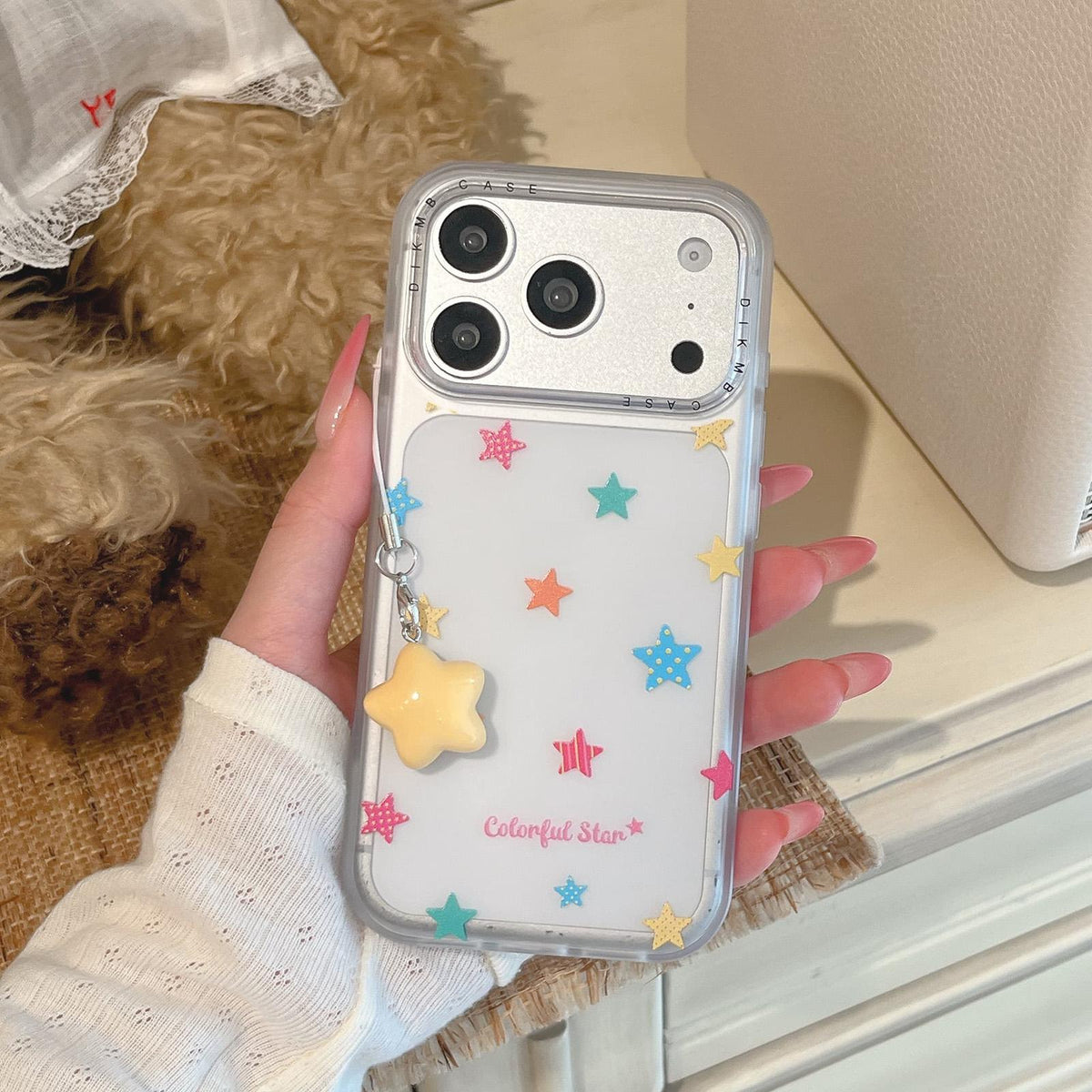 For iPhone 16 Skin Feel Frosted Cartoon Sticker Acrylic Phone Case with Pendant - Colorful Stars - EDA009740506A