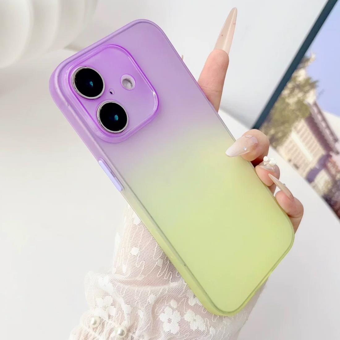 For iPhone 16 Gradient Frosted TPU Full Coverage Phone Case - Purple Yellow - EDA009740608B