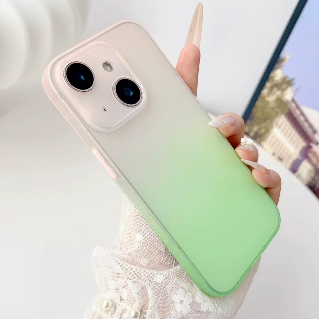 For iPhone 15 Plus Gradient Frosted TPU Full Coverage Phone Case - Pink Green - EDA009740611A
