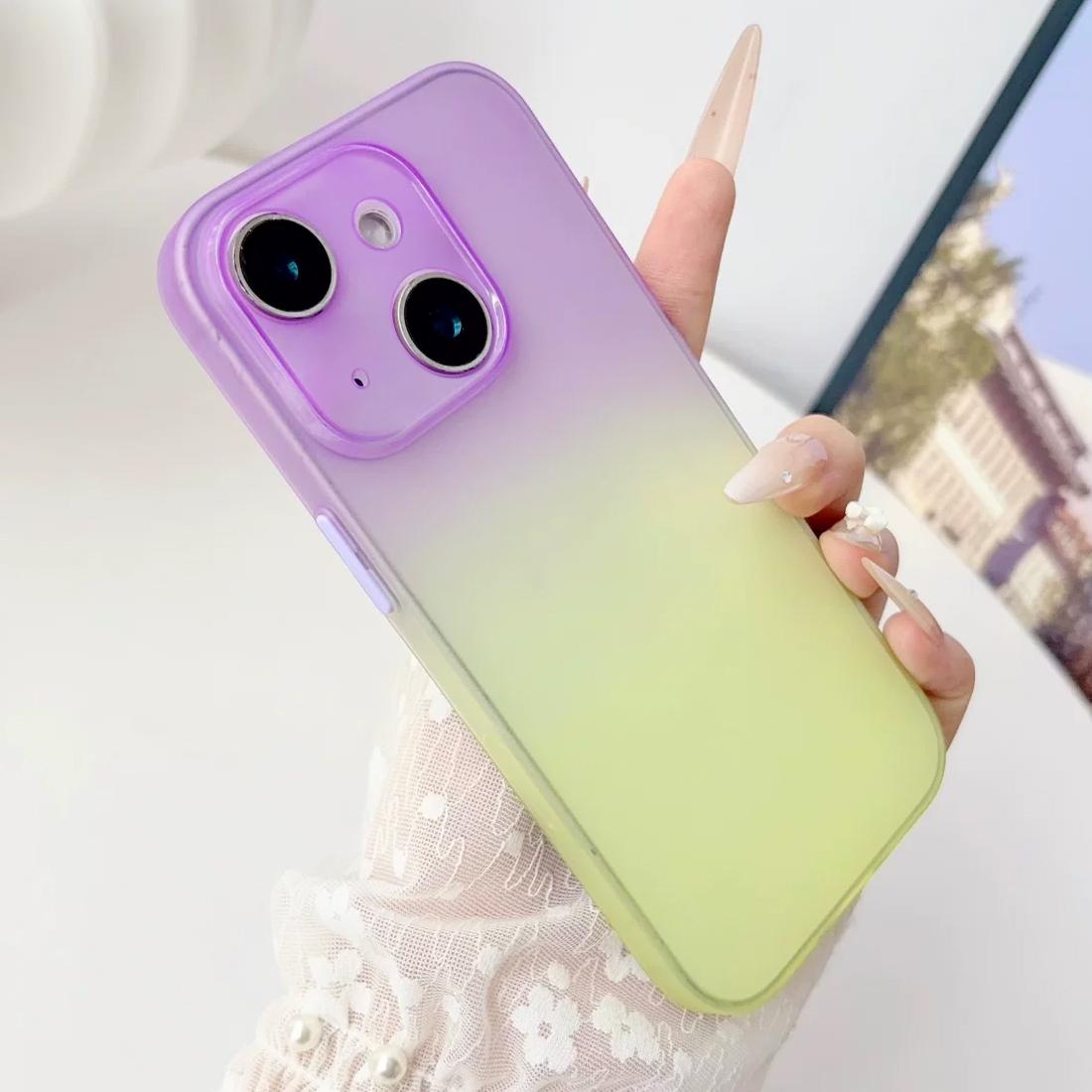 For iPhone 15 Plus Gradient Frosted TPU Full Coverage Phone Case - Purple Yellow - EDA009740611B