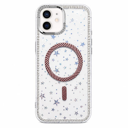 For iPhone 11 Star Pattern Rhinestone Carbon Fiber Magnetic Ring Phone Case - Pink - EDA009740801C