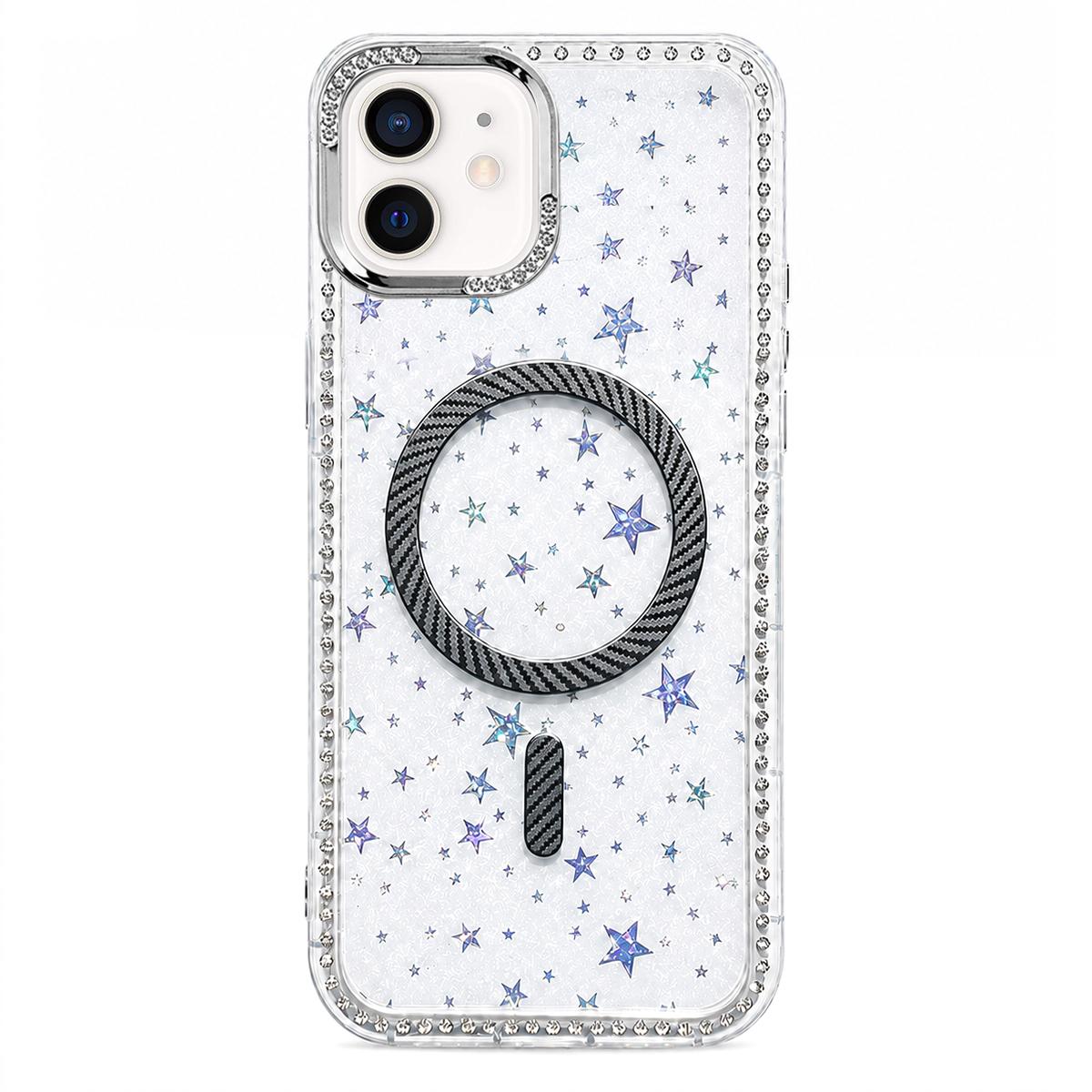 For iPhone 11 Star Pattern Rhinestone Carbon Fiber Magnetic Ring Phone Case - Black - EDA009740801D