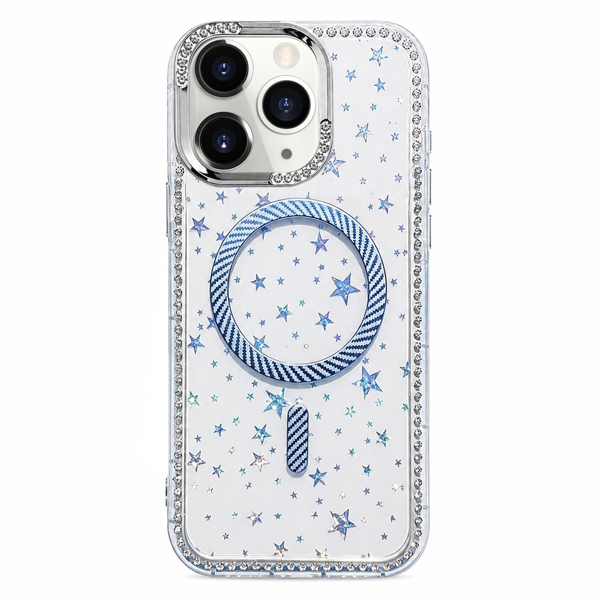 For iPhone 11 Pro Max Star Pattern Rhinestone Carbon Fiber Magnetic Ring Phone Case - Blue - EDA009740802A