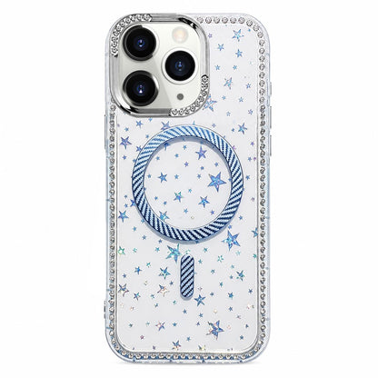 For iPhone 11 Pro Max Star Pattern Rhinestone Carbon Fiber Magnetic Ring Phone Case - Blue - EDA009740802A