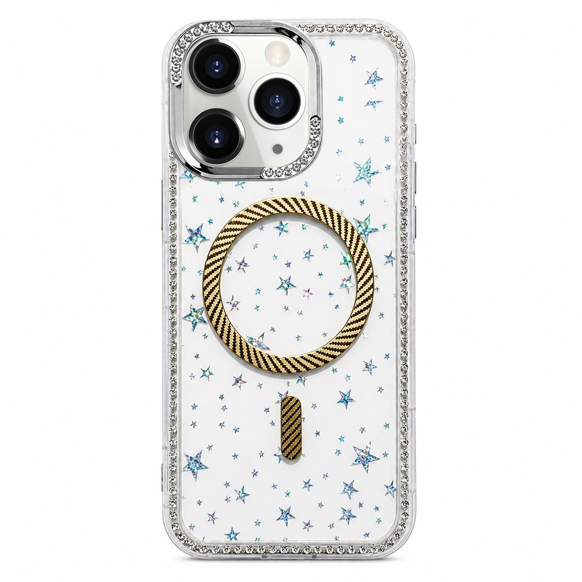 For iPhone 11 Pro Max Star Pattern Rhinestone Carbon Fiber Magnetic Ring Phone Case - Yellow - EDA009740802B