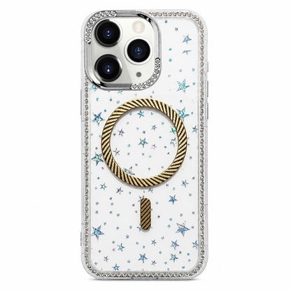 For iPhone 11 Pro Max Star Pattern Rhinestone Carbon Fiber Magnetic Ring Phone Case - Yellow - EDA009740802B