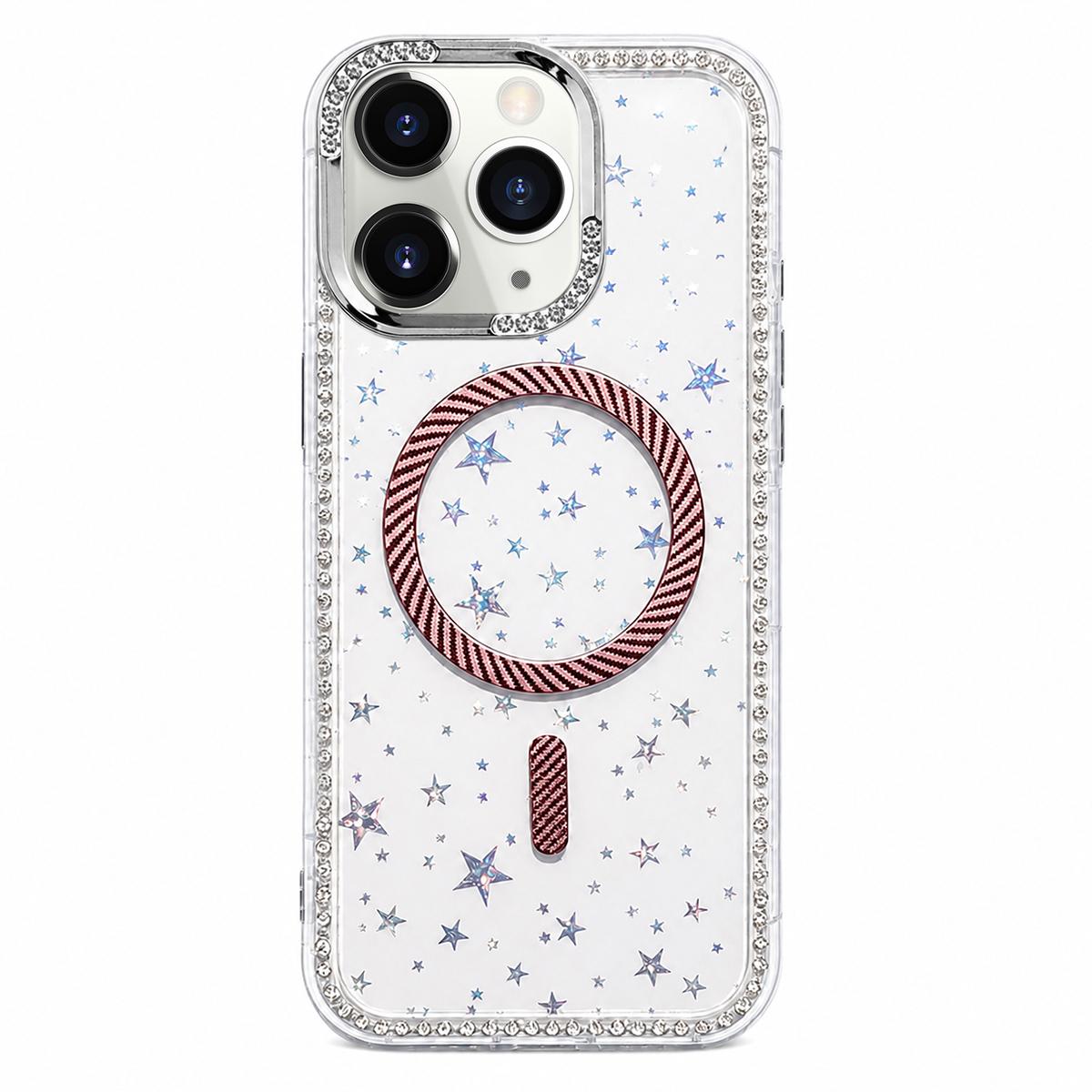 For iPhone 11 Pro Max Star Pattern Rhinestone Carbon Fiber Magnetic Ring Phone Case - Pink - EDA009740802C