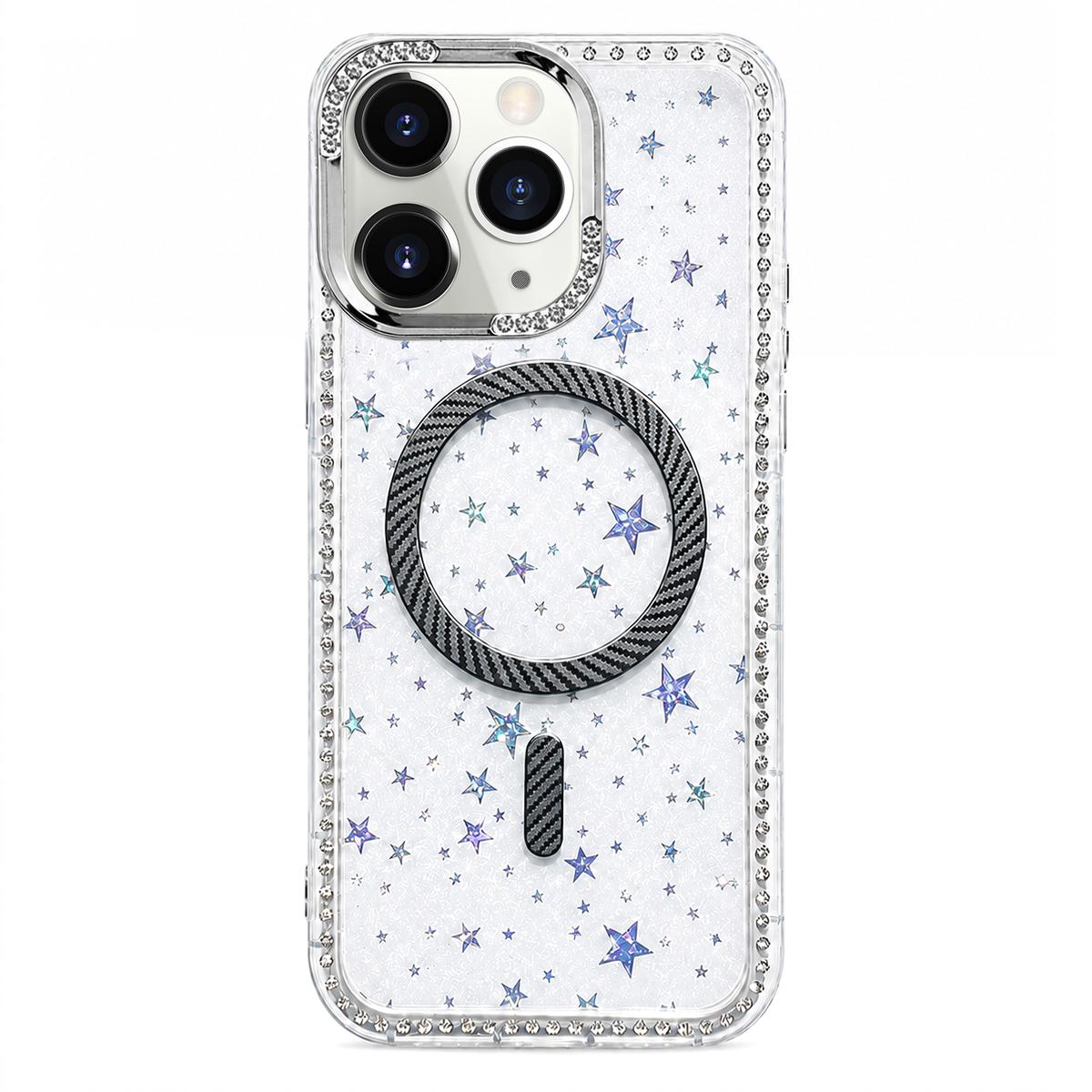 For iPhone 11 Pro Max Star Pattern Rhinestone Carbon Fiber Magnetic Ring Phone Case - Black - EDA009740802D