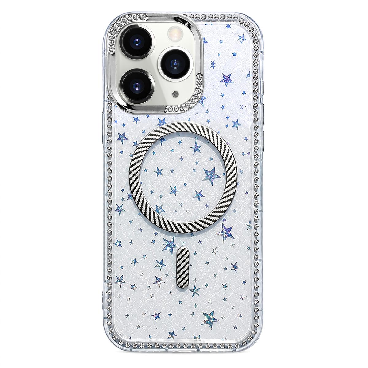 For iPhone 11 Pro Max Star Pattern Rhinestone Carbon Fiber Magnetic Ring Phone Case - White - EDA009740802E