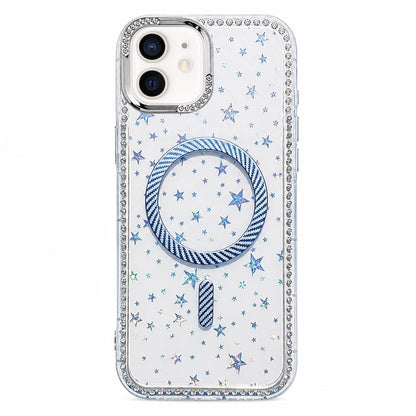 For iPhone 12 Star Pattern Rhinestone Carbon Fiber Magnetic Ring Phone Case - Blue - EDA009740803A