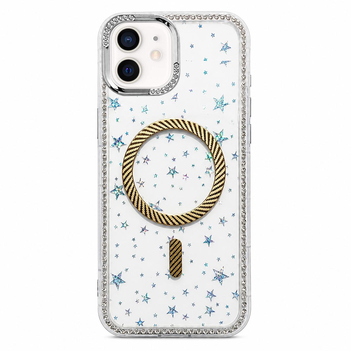 For iPhone 12 Star Pattern Rhinestone Carbon Fiber Magnetic Ring Phone Case - Yellow - EDA009740803B