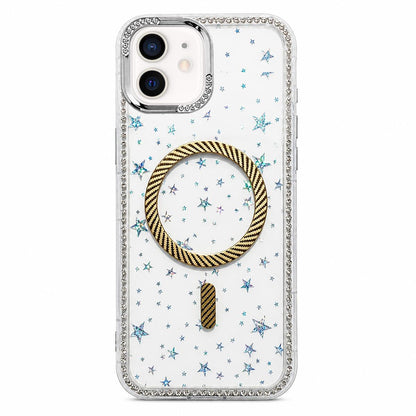 For iPhone 12 Star Pattern Rhinestone Carbon Fiber Magnetic Ring Phone Case - Yellow - EDA009740803B