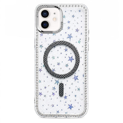 For iPhone 12 Star Pattern Rhinestone Carbon Fiber Magnetic Ring Phone Case - Black - EDA009740803D
